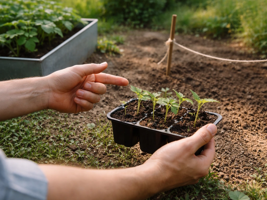 Hands holding a small seedling tray and soil, pointing to three garden setup cues