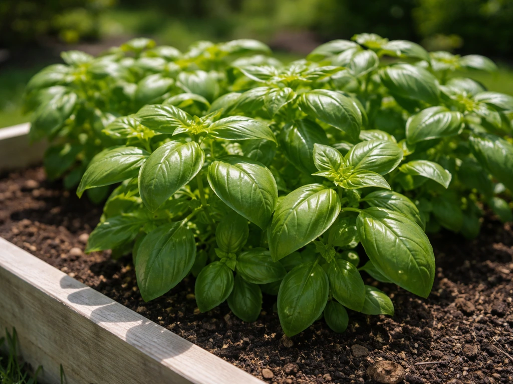 Sunlit basil thriving in a raised bed, vivid green leaves in bright direct midday light.