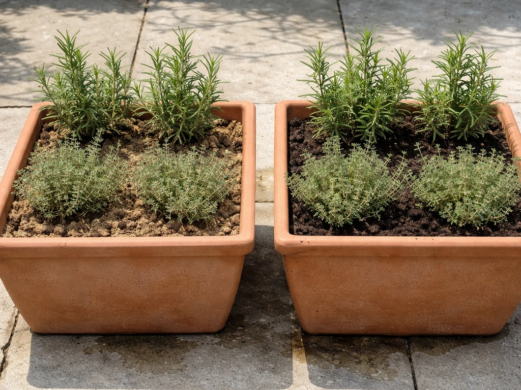 Side-by-side terracotta planters showing rosemary and thyme in dry sandy soil vs wetter darker soil.