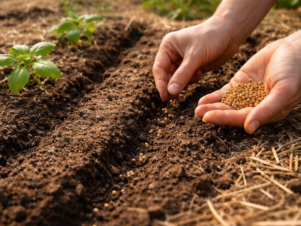 Gardening hands sowing cilantro seeds in a summer garden bed with small basil seedlings nearby.