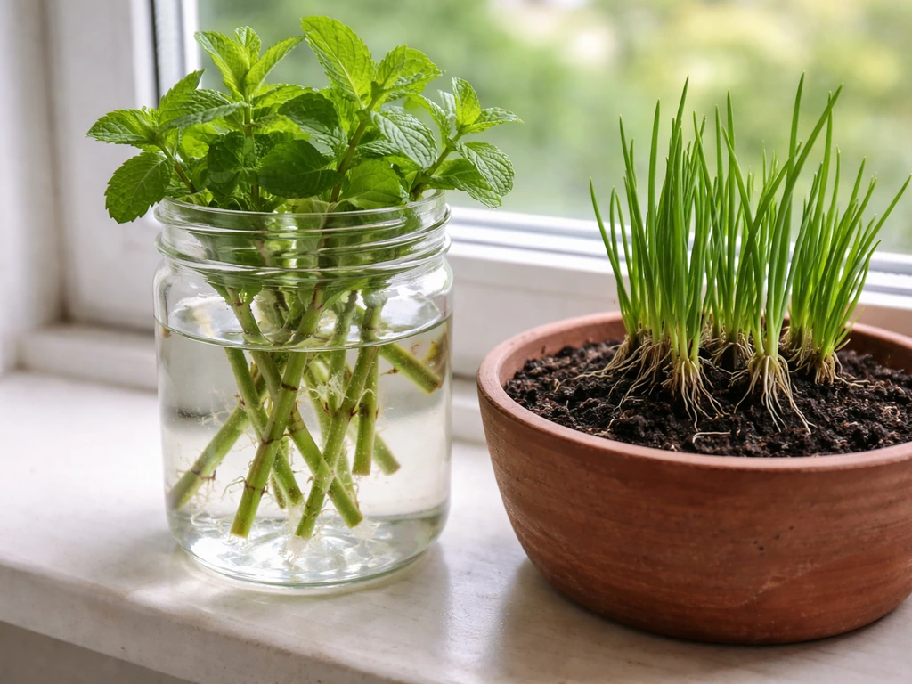 Closeup of mint stem cuttings in a glass of water with fresh chive divisions in soil nearby