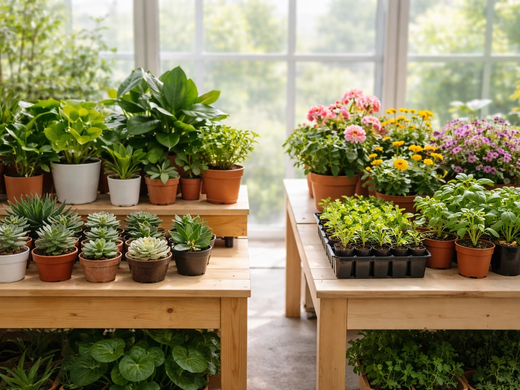 Bright nursery shelves with healthy indoor houseplants and outdoor edibles arranged in separate areas.