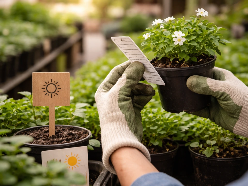 Close-up of hands at a nursery, checking plant tags and pot labels beside light and zone clues