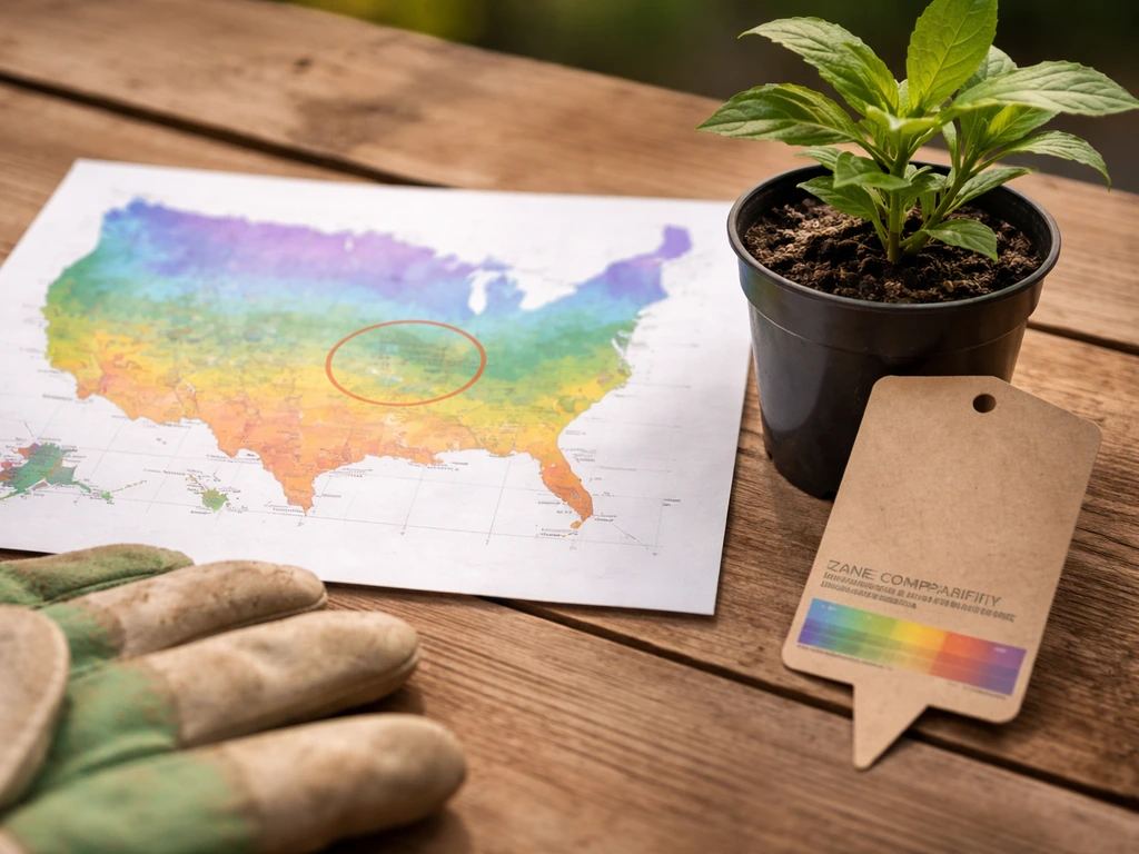 Close-up of a garden zone map print with one area highlighted and a nursery plant tag showing compatible zone.