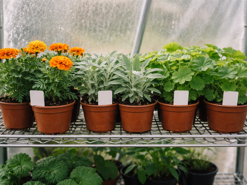 Healthy marigolds, sage, and geraniums grouped on a nursery plant rack in soft daylight.