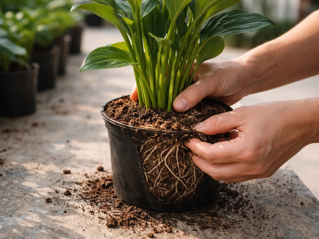 Close-up of a gardener inspecting nursery plant stems and roots in a simple potting area