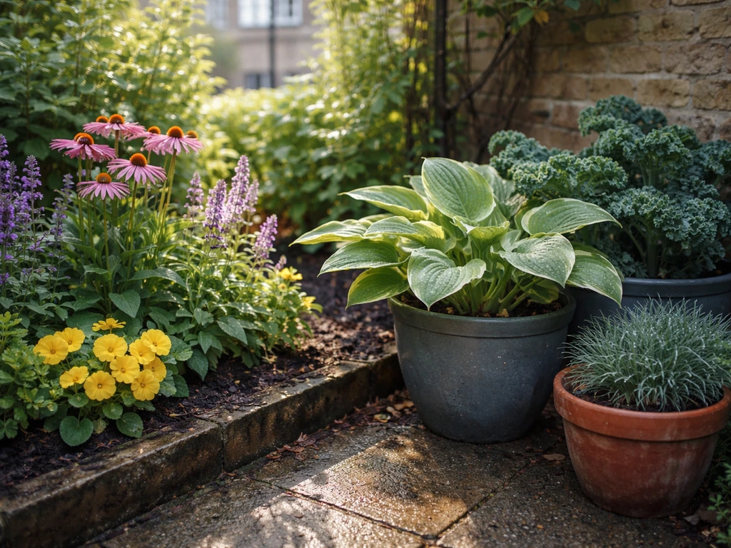 Vibrant London garden with hardy plants in ground and containers, sun and shade thriving.