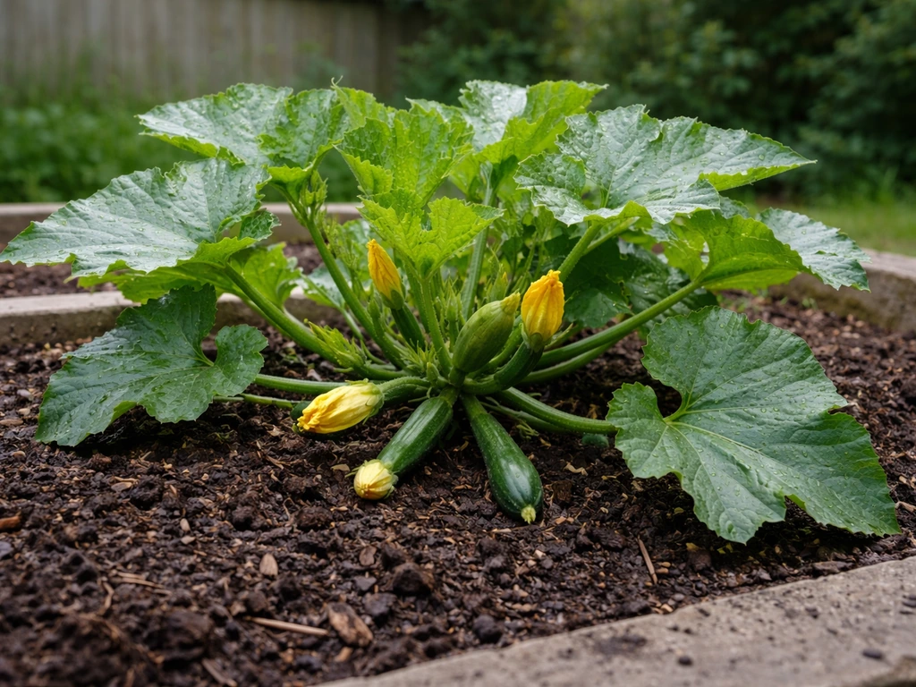Healthy courgette plant thriving in a raised bed with mulch in London-like damp mild garden light.