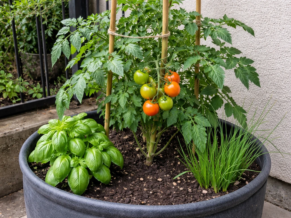 Tomato plant in a container with stakes and nearby basil and chives in a small patio garden.