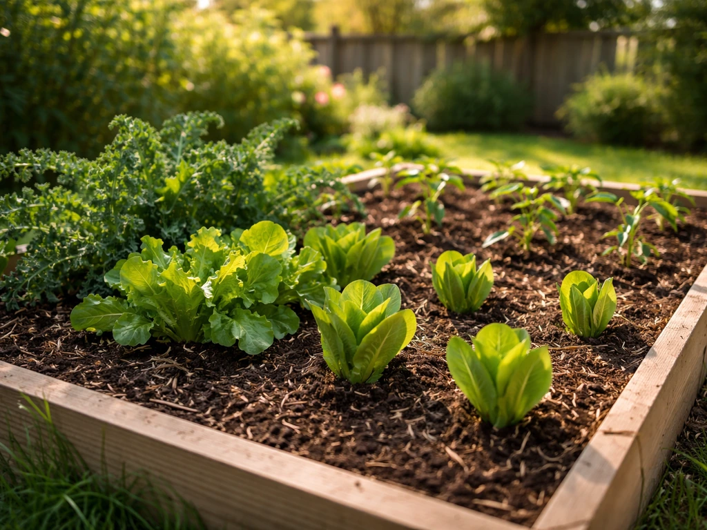 Sunlit vegetable garden bed with thriving leafy greens and a few seedlings in early summer