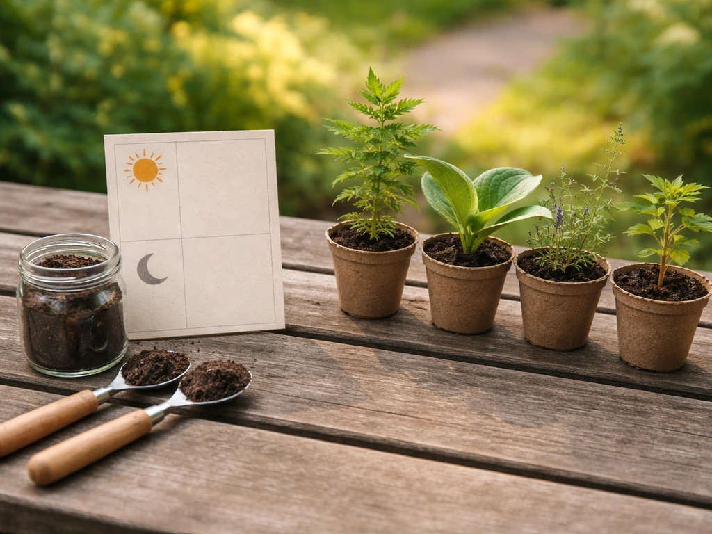 Minimal tabletop setup with soil samples, blank sun/shade cards, and small potted cuttings.