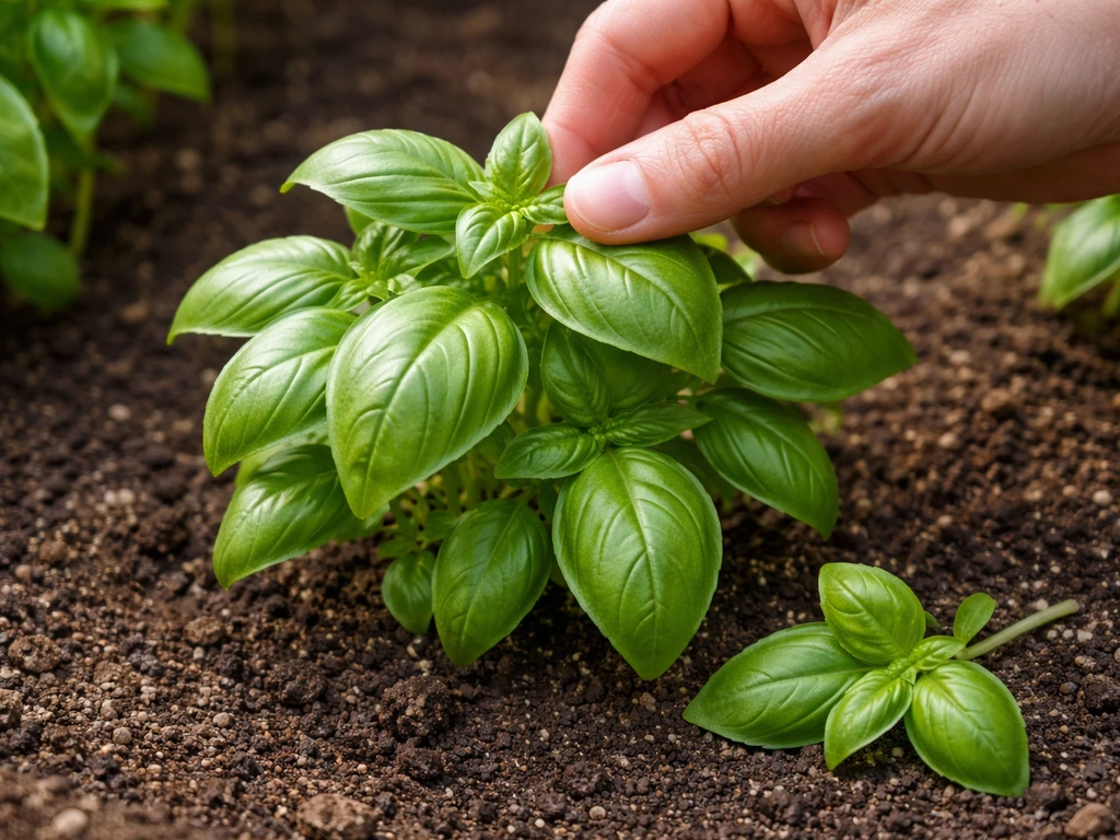 Close-up of basil being gently pinched with a freshly harvested sprig on soil nearby.