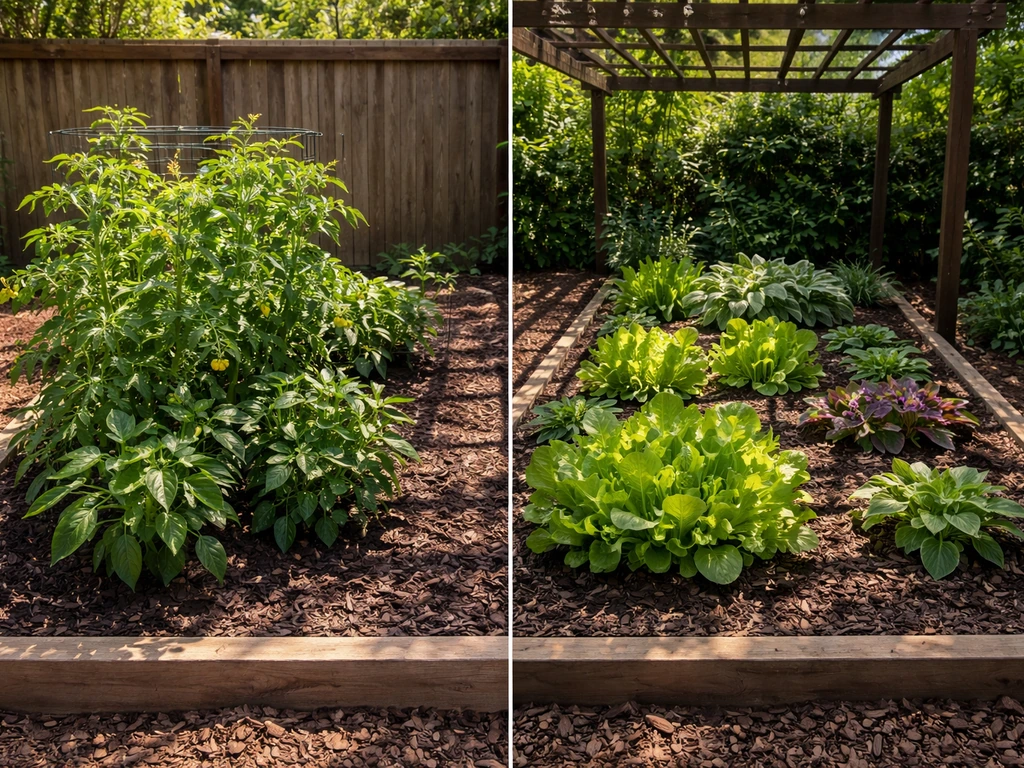 Split garden bed: full-sun vegetable plants on one side and shade plants on the other.