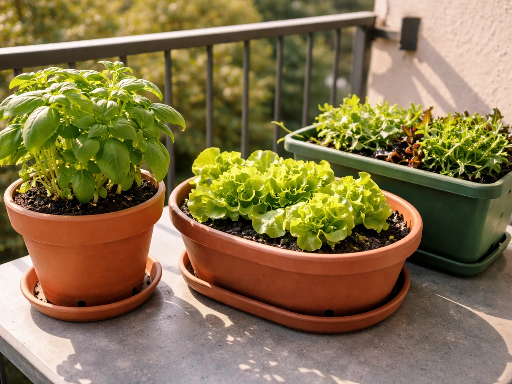 Fresh basil and salad greens growing in simple drained container pots on a sunny patio