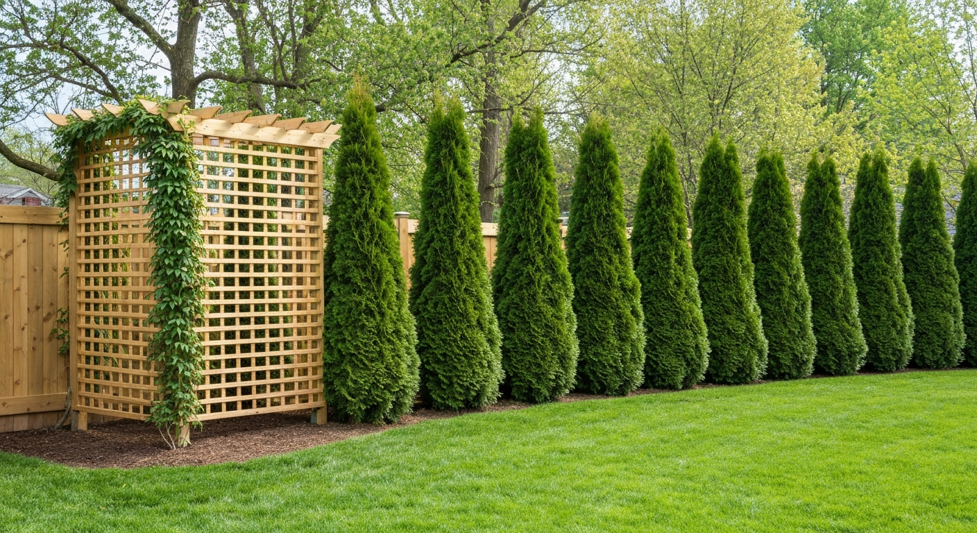 Backyard privacy screen featuring Thuja 'Green Giant' evergreens with a temporary trellis covered in annual climber.