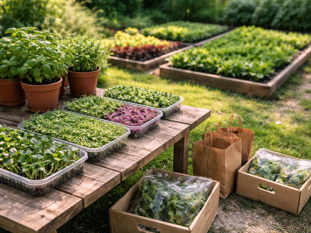 Sunny backyard garden with thriving microgreens, herb pots, and salad greens beside simple sell-ready produce bags.