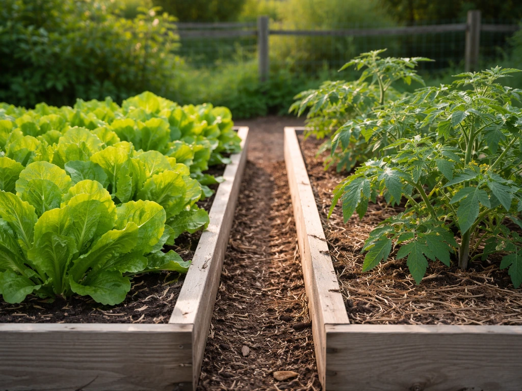 Garden bed with cool-season lettuce in shade and nearby warm-season tomato plants thriving