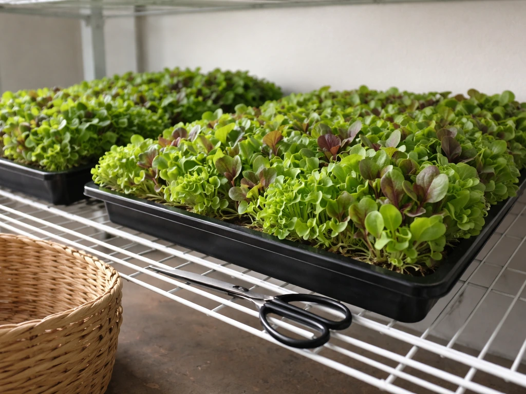 Close-up of harvest-ready lettuce microgreens in shallow trays with clippers and a harvest basket nearby.