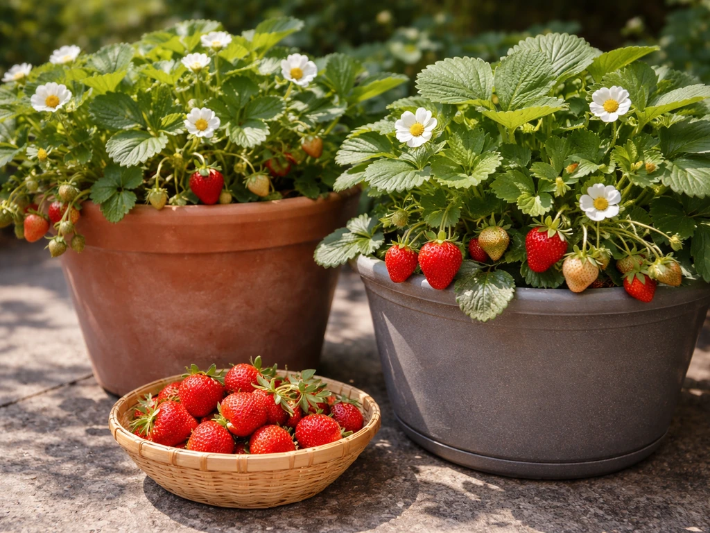 Potted day-neutral strawberry plants with blossoms and ripe fruit, plus a small harvest container of berries.