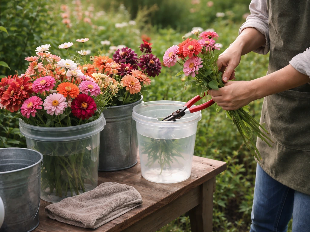 Freshly cut flower stems in water buckets with pruning shears on a garden staging bench