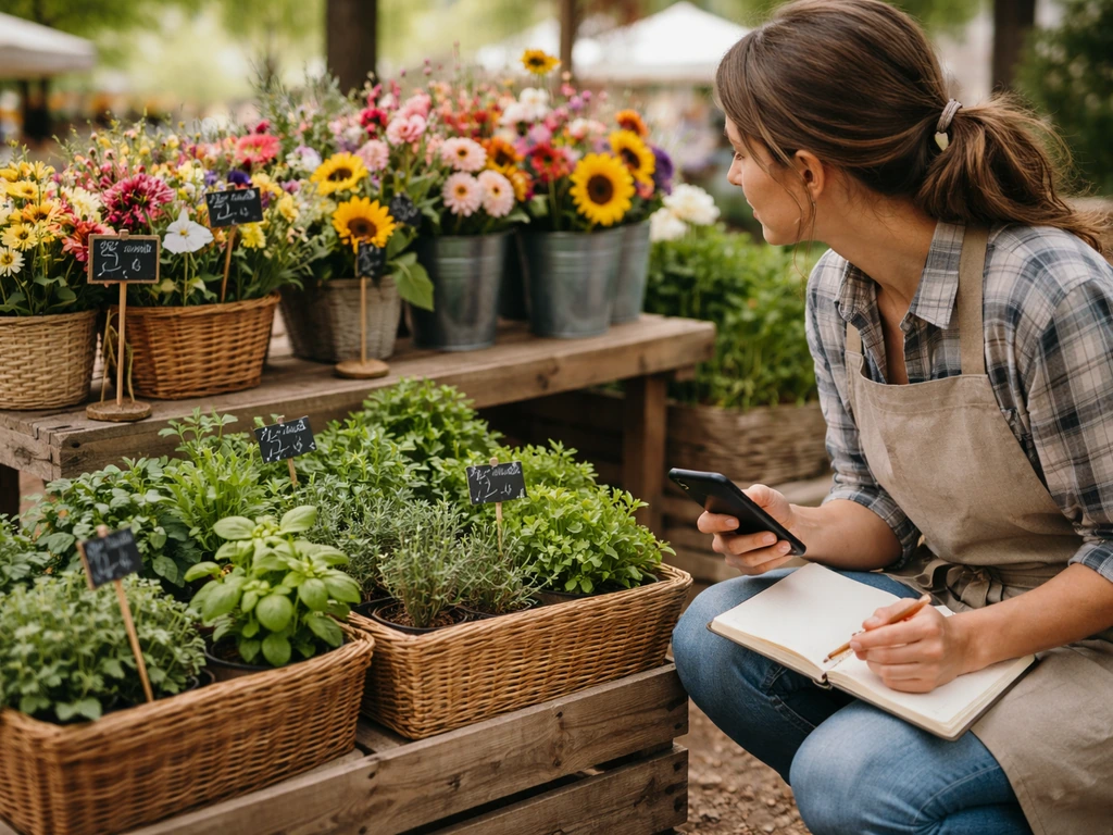 Grower at a small farmers-market stand taking notes on a phone beside fresh flowers and herbs.
