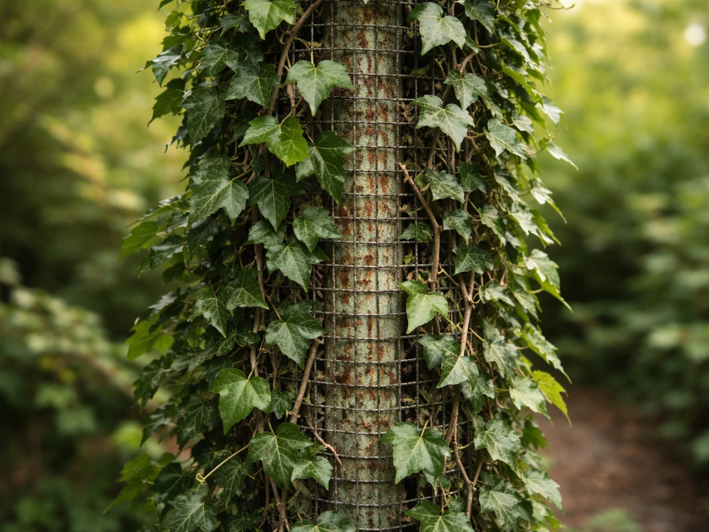 Dense English ivy covering a vertical metal mesh fence, with evergreen leaves in natural light.