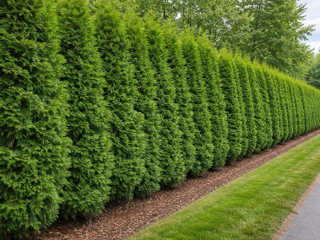 Lush evergreen conifer hedge privacy line along a property edge, dense and fast-growing.