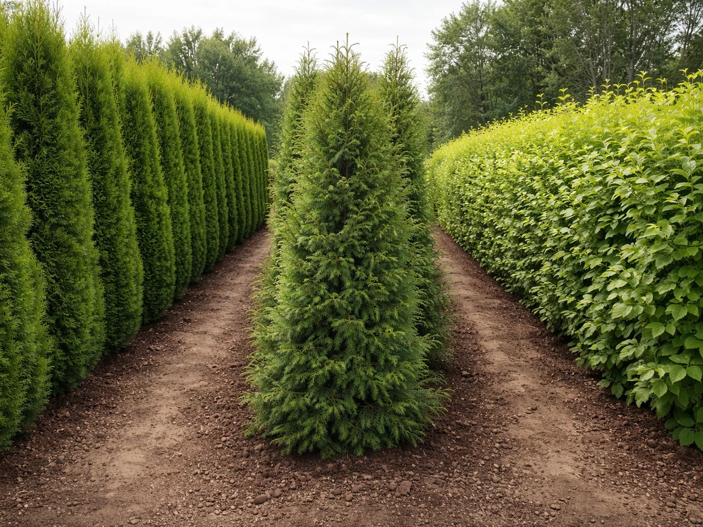 Three hedge rows in a nursery nursery garden, showing dense privacy, windbreak, and quick-cover foliage types.