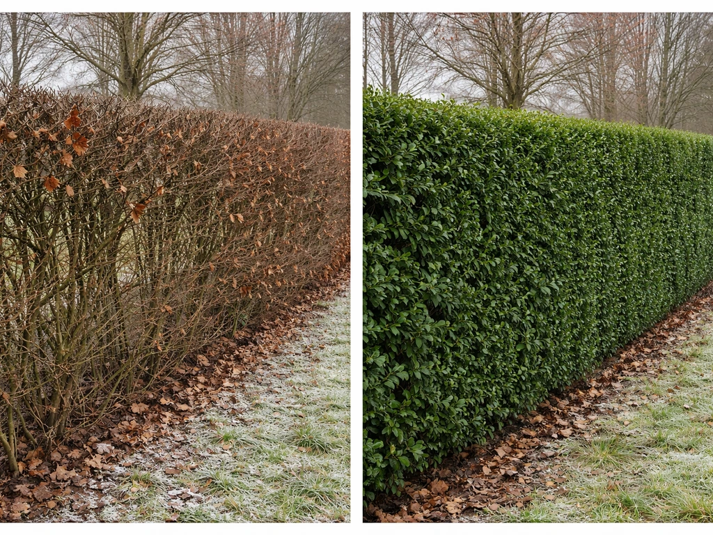 Side-by-side winter hedges: deciduous hedge filling a gap, evergreen hedge screening with dense greenery.
