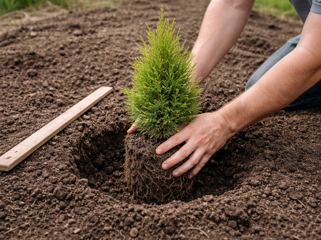 Homeowner planting a young hedge, loosening roots and backfilling soil beside a spacing guide