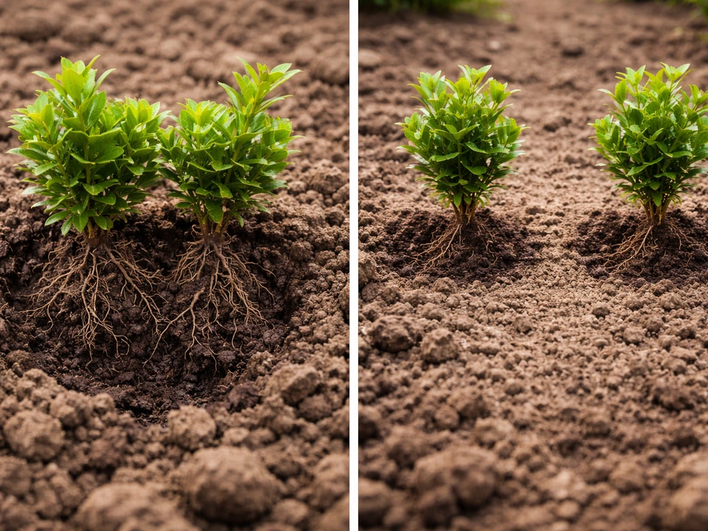 Close-up of hedge seedlings: crowded roots when planted too close, spaced roots when planted wider.