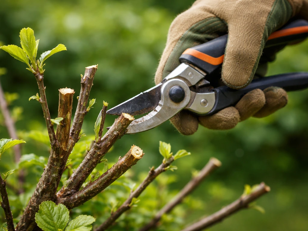 Gardener’s shears partially cut hedge stems at key points to encourage thicker growth.