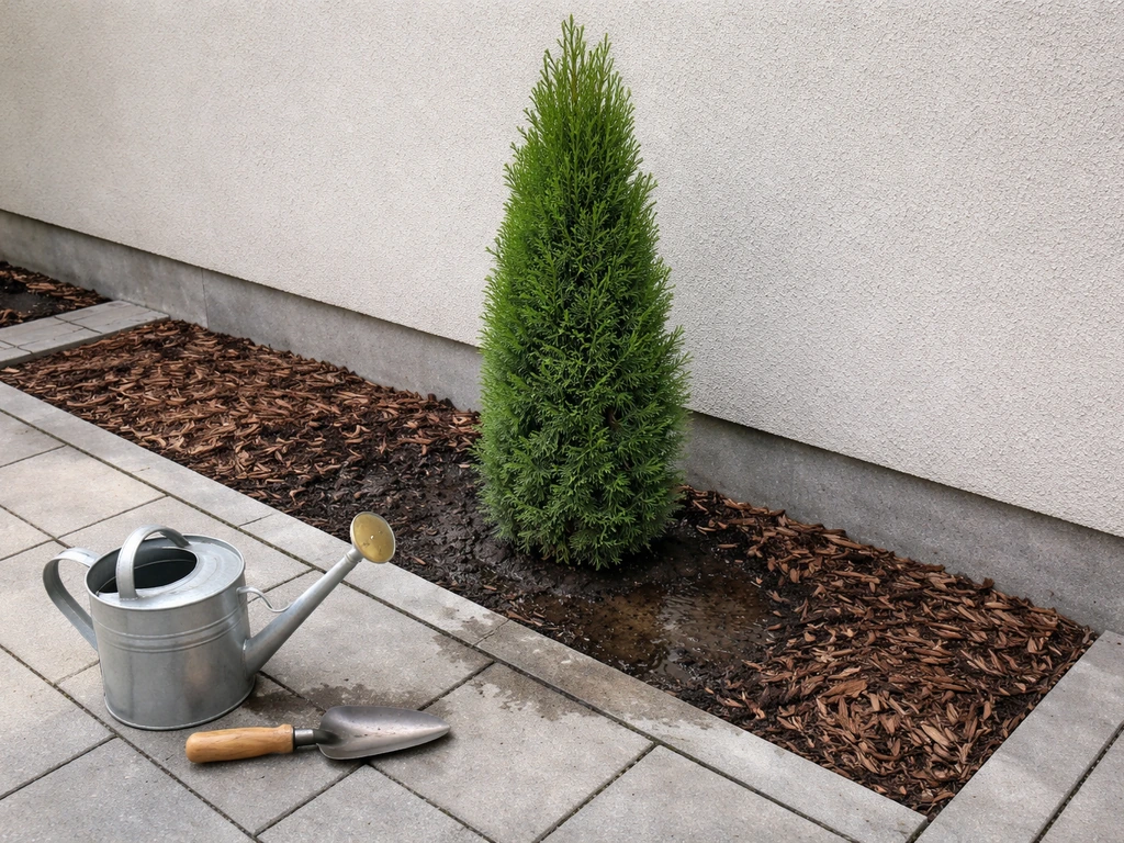 Narrow container planter with a tall columnar evergreen, mulch and watering can on a small urban patio.