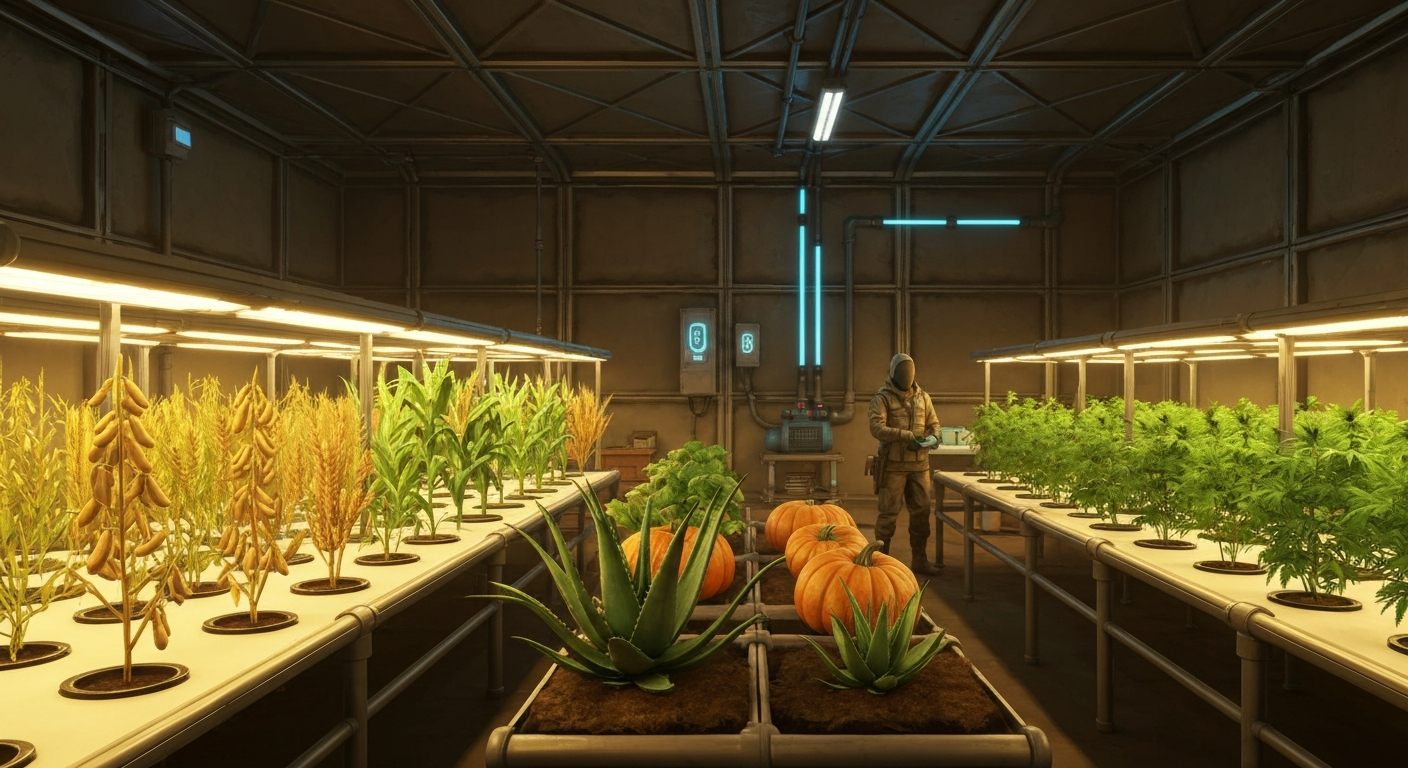 Hydroponic crop plots on Icarus under powered lights showing soy, wheat, corn, pumpkins, aloe and fiber plants with a player tending them.