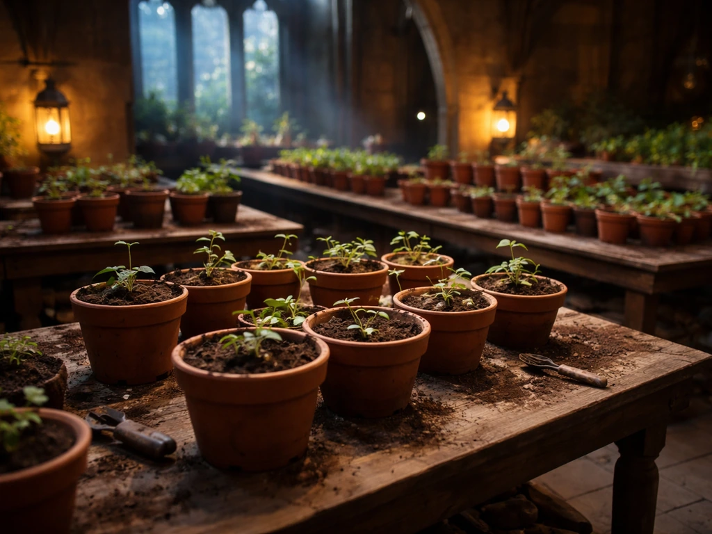 Dramatic Room of Requirement with neatly arranged planted pots on tables, moody magical lighting