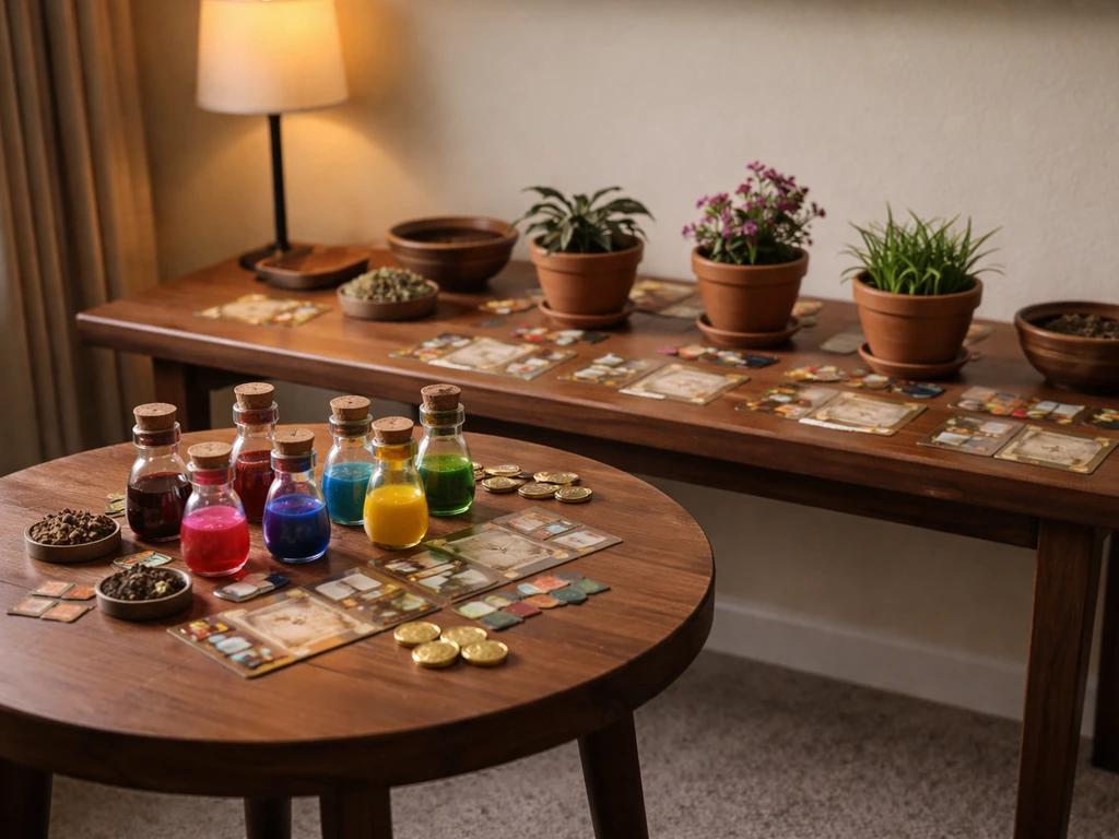 Two small tables set with colored potion vials and planted pots, tidy late-game setup.