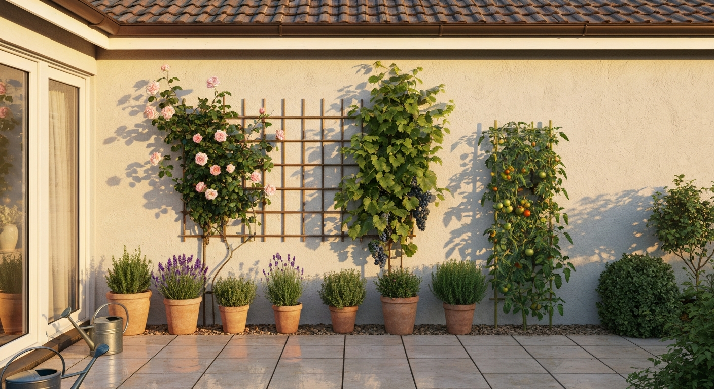 Sunny south-facing house wall with climbing roses and grapes on a trellis, potted lavender and rosemary, and a trellised tomato plant in warm afternoon sun.
