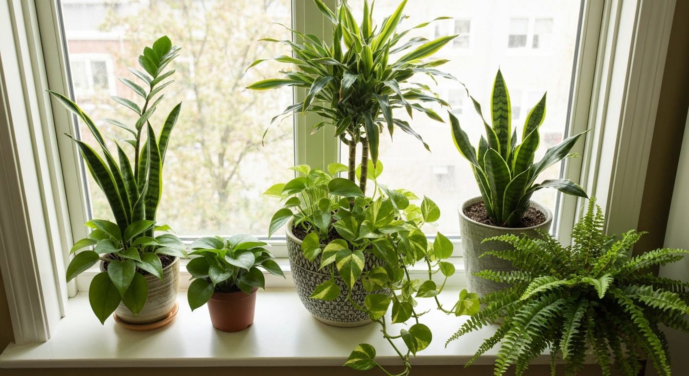 Bright apartment windowsill with several mixed houseplant pots arranged in a thriller-filler-spiller layout and nearby single-species pots (snake plant, ZZ plant, Boston fern), lit by soft daylight from an east window.