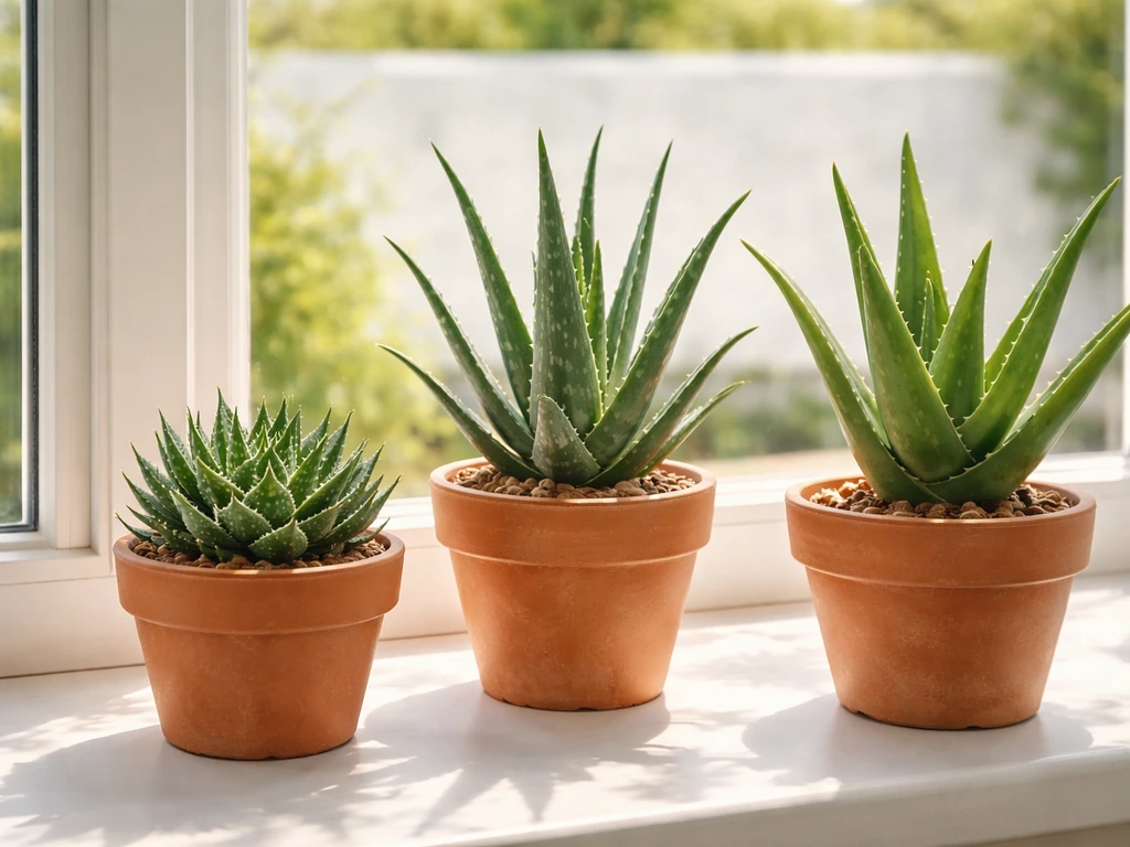 Three different aloe plants in separate pots on a sunny patio sill, showing varied leaf shapes and sizes.