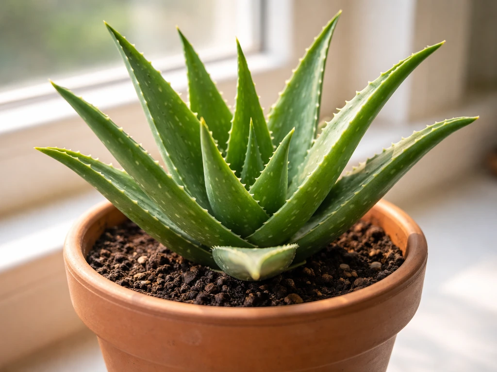 Close-up of an aloe vera plant in a small pot, showing mature rosette leaves for easy beginner identification.