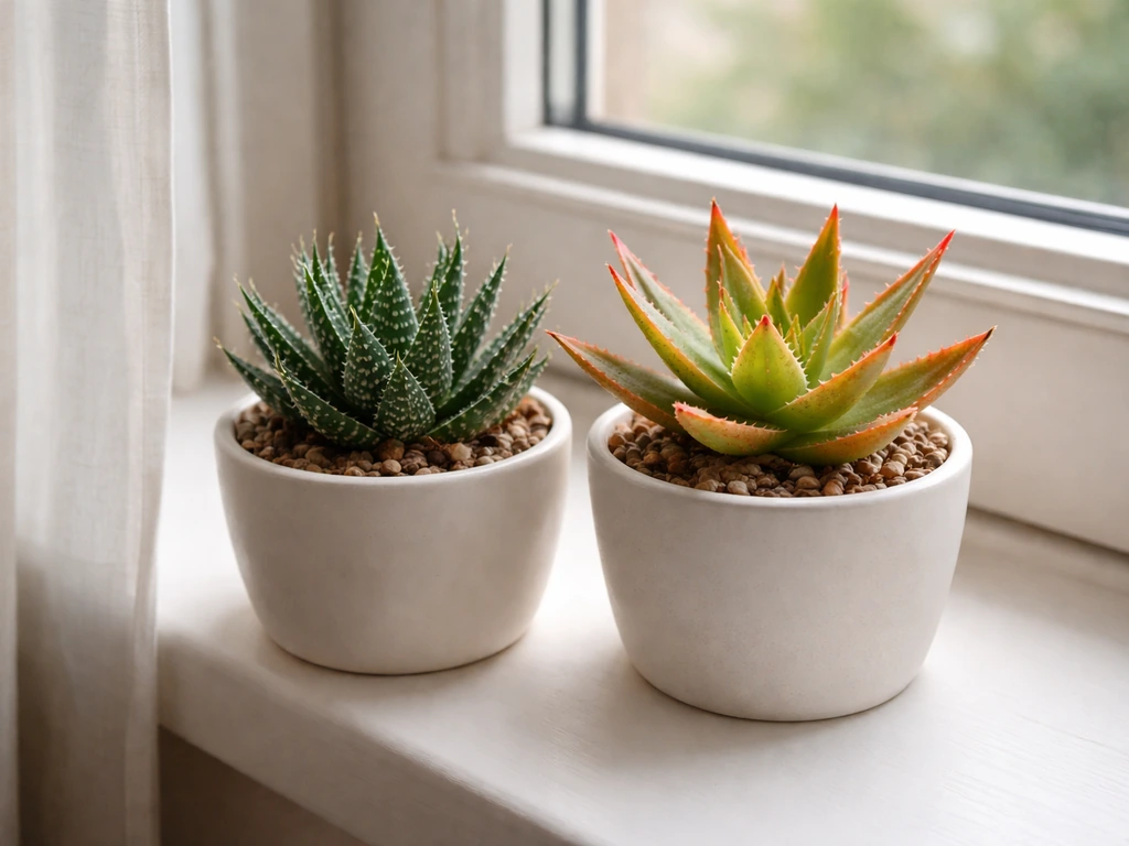 Compact potted lace aloe and aloe ‘Sunset’ on a dim windowsill with soft indirect light.