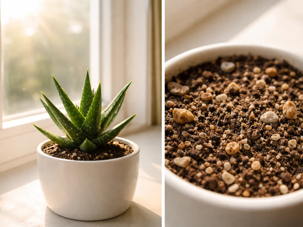 Aloe plant by a bright window with close-up of gritty fast-draining soil texture.