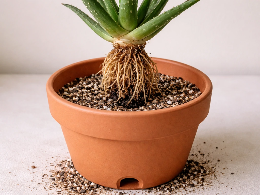 Terracotta pot with drainage hole as an aloe is gently placed into a gritty cactus mix