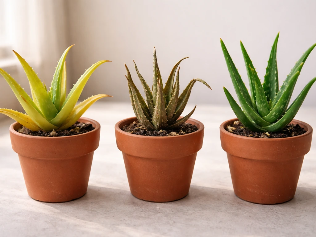 Three aloe plant variations side-by-side: yellow soft overwatered leaves, wrinkled underwatered leaves, and healthy gree