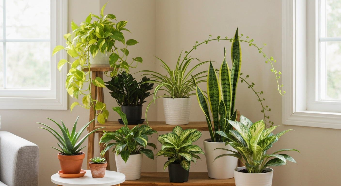 Cozy living-room shelf and side table with easy-care houseplants: pothos trailing, snake plant upright, spider plant with plantlets, ZZ plant, aglaonema, and small aloe in terracotta.
