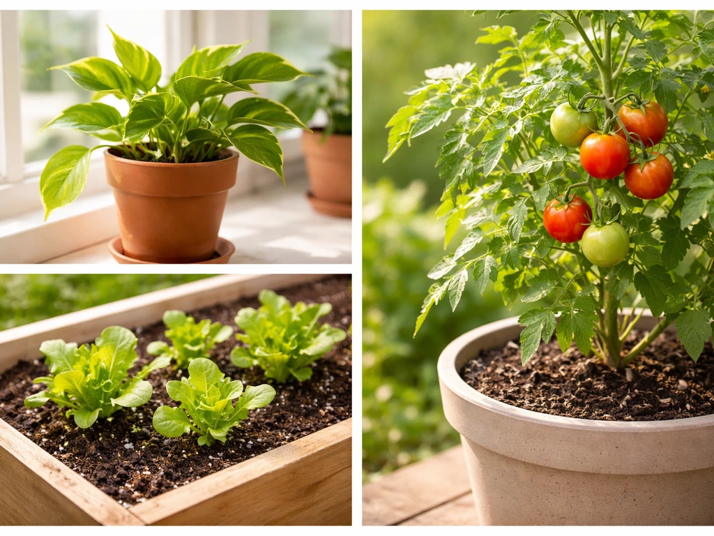 Collage of beginner-friendly plants: pothos in a pot, lettuce in a container bed, and a sunny tomato plant.