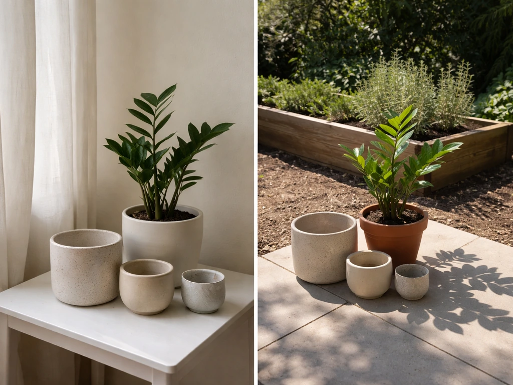 Split view: indoor potted plants by a window vs outdoor pots/planter in direct sun.