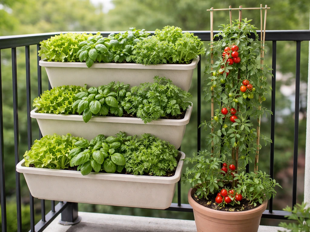 Vertical stacked balcony planters with lettuce, herbs, and a compact cherry tomato trellis