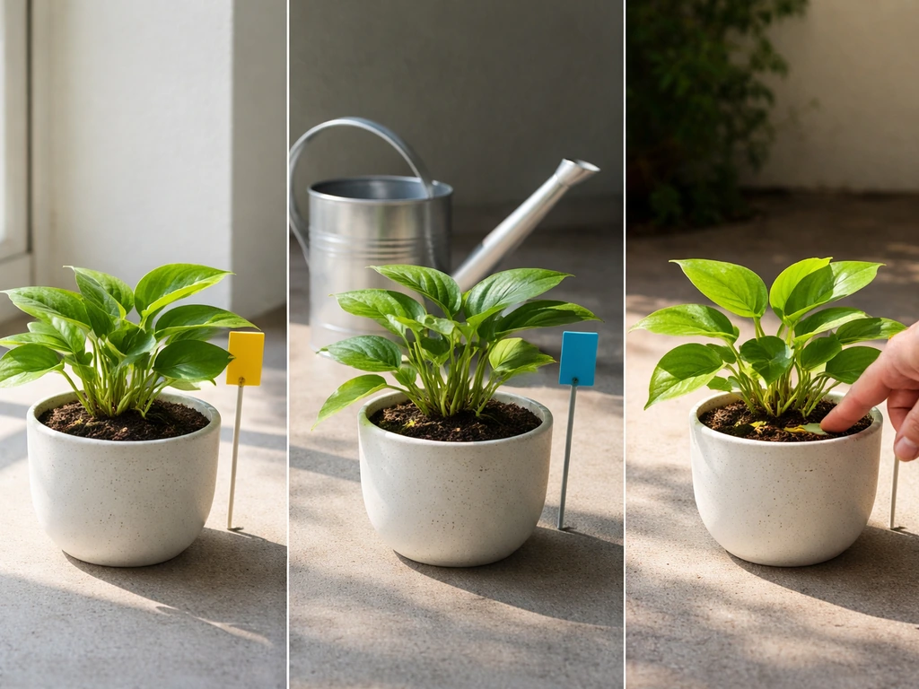 Three small potted plants in different light levels with a watering can and simple soil-touch cue.