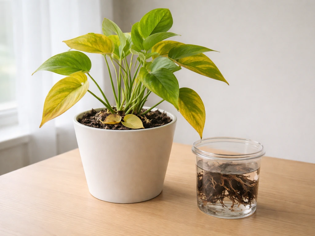Indoor plant leaves with yellowing and leaf drop, alongside a simple callout showing root rot signs in clear container.